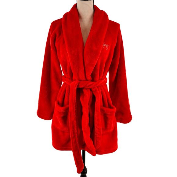 women's Victoria Secret red fuzzy embroidered robe Valentine's one size short - Picture 1 of 4
